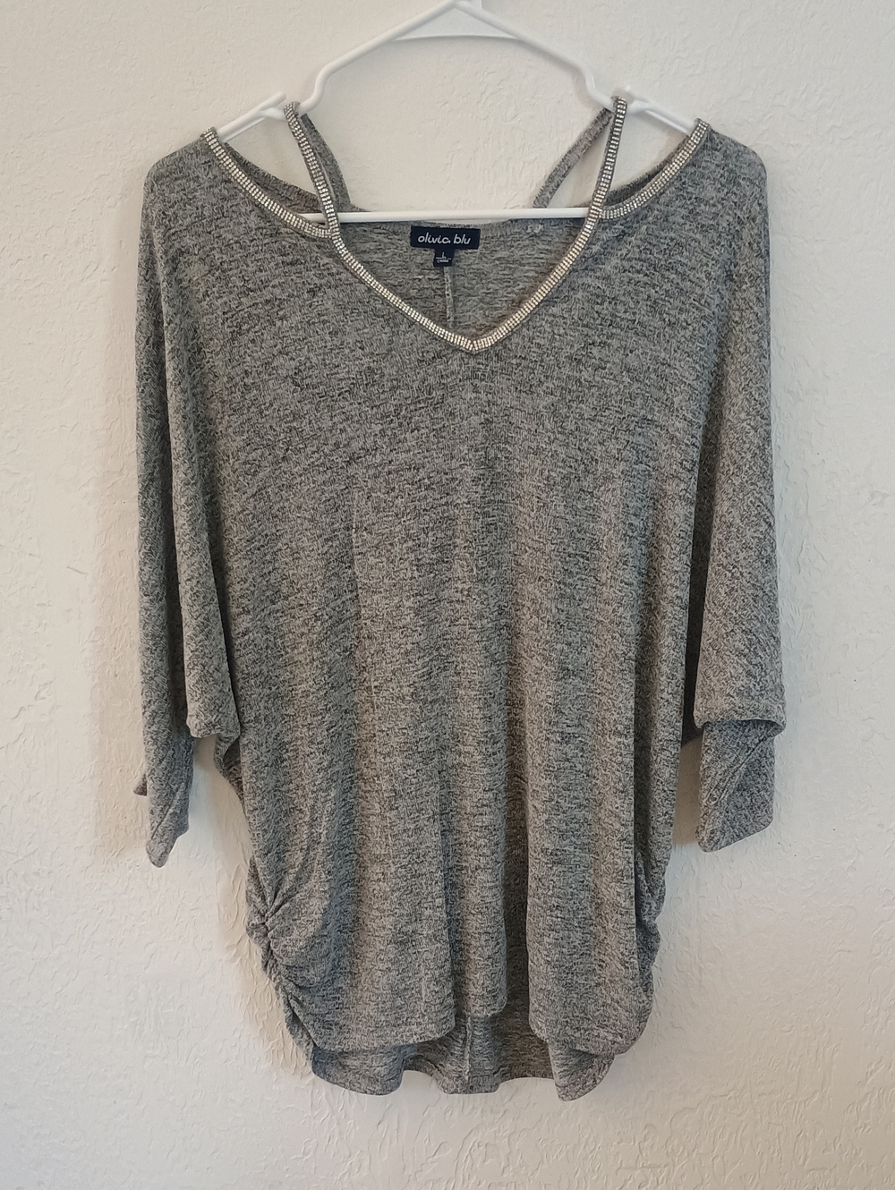 Olivia Blu Gray V-Neck Knit Top with Embellished Straps